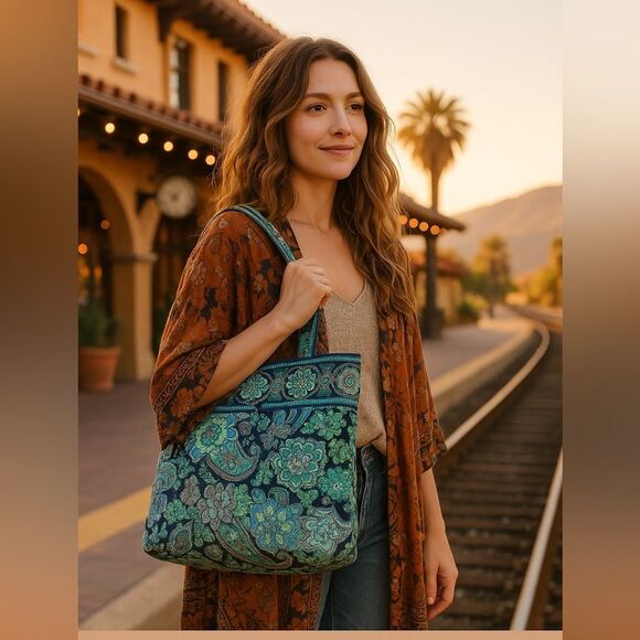 Vera Bradley Quilted Cotton Tote in Emerald Paisley 💚🌿 - Picture 1 of 6